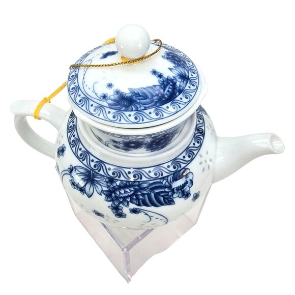 Vintage Blue & White Porcelain Teapot With Lid & Infuser Set Floral Motif JE318 - Picture 5 of 10